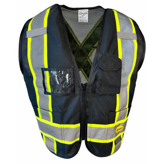 Black surveyor safety vest front view with yellow reflective bands multi pockets and ID window