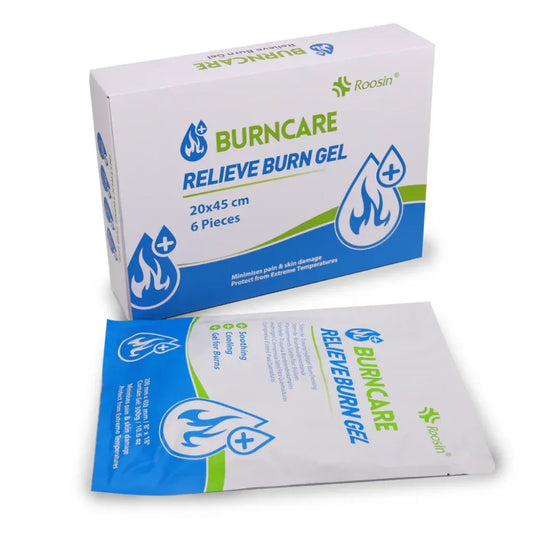Large Sterile Burn Dressing (8" x 18") featuring an open-cell foam pad saturated with cooling hydrogel for emergency facial or limb burn care.