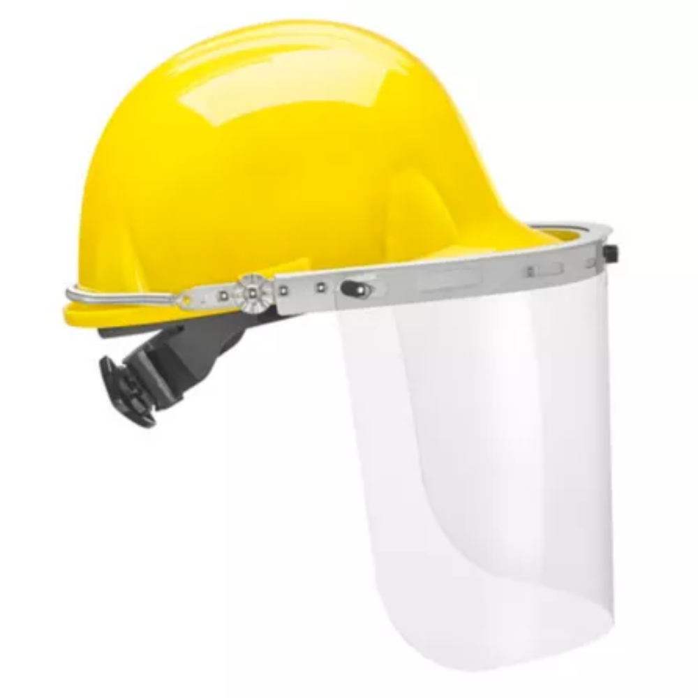 A profile view of the LEO-EP-HHAA Hard Hat Face Shield Adapter mounted on a yellow safety helmet, securely holding a clear polycarbonate protective visor.