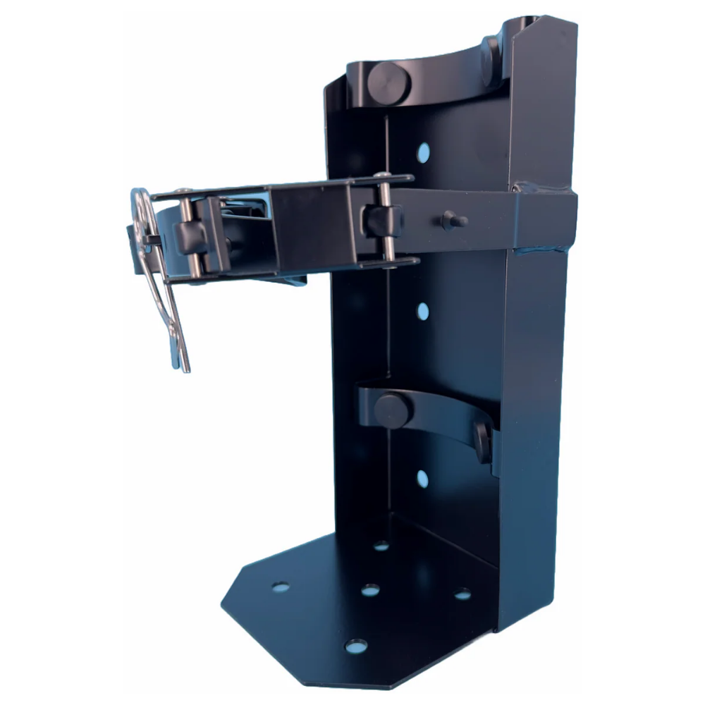 Right angle view of a durable LEO heavy-duty metal bracket strap engineered for 10lbs cylinders.
