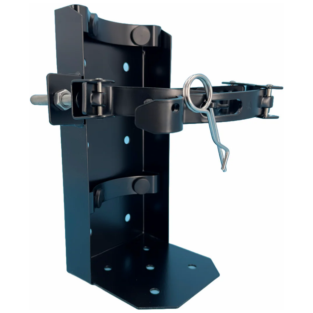 Left angle view of a black LEO heavy-duty 10-pound vehicle and wall mounting safety bracket.