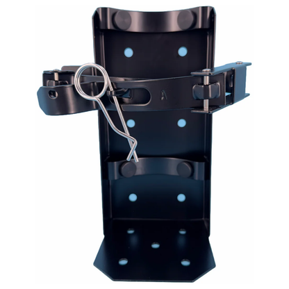 Front view of a black LEO 10lb heavy-duty fire extinguisher bracket with a quick-release locking pin.