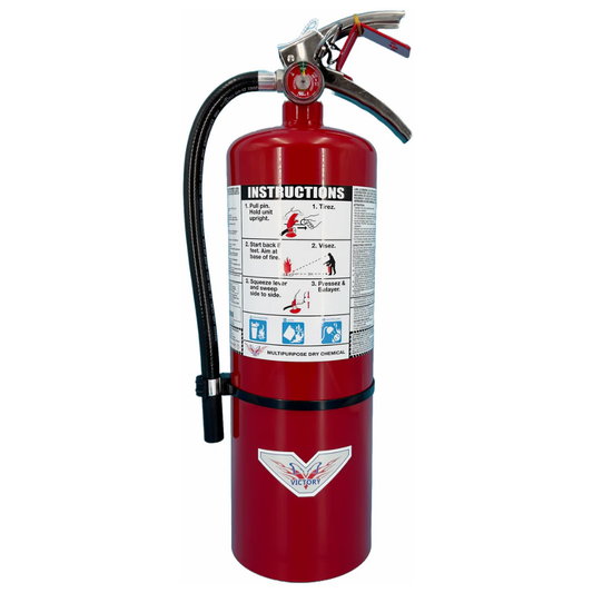LEO 10-pound ABC dry chemical fire extinguisher with an attached steel wall mounting bracket.