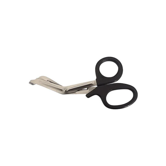 Side view of LEO 15cm trauma shears highlighting the angled blades and blunt safety tip for dressings.