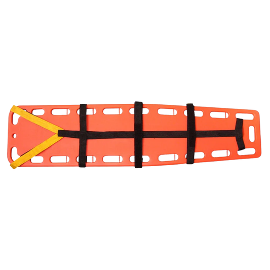 Horizontal view of an orange LEO 183cm medical backboard equipped with a black and yellow patient safety restraint strap system
