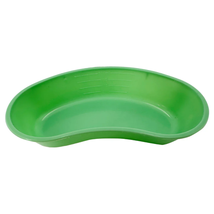 Top down view of a light green LEO 200ml plastic kidney dish with smooth rounded edges.