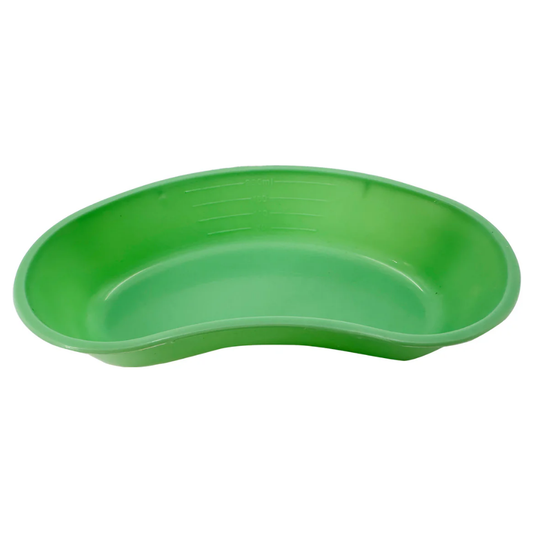 Top down view of a light green LEO 200ml plastic kidney dish with smooth rounded edges.