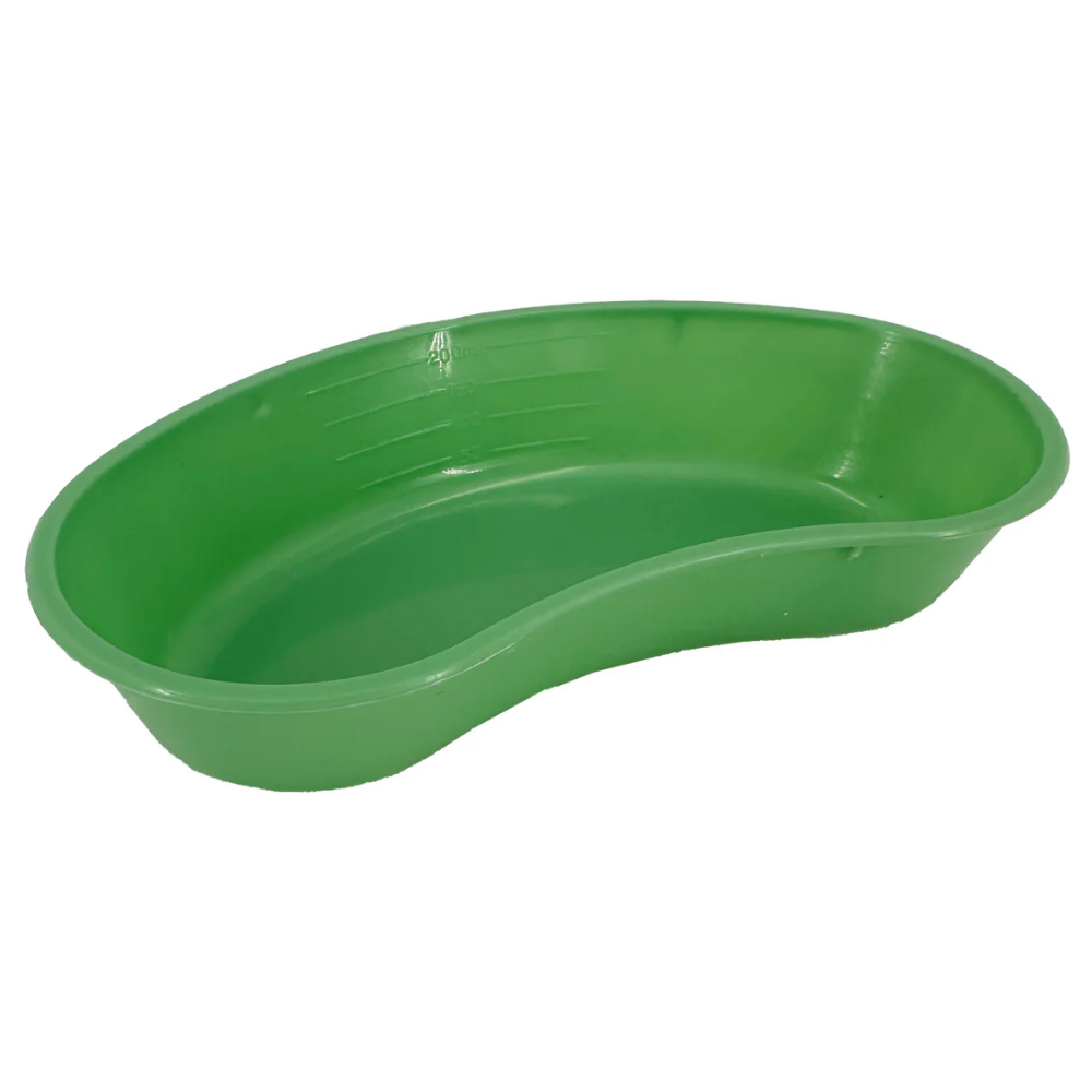 LEO 200ml green plastic kidney basin showing interior graduated measurement lines.
