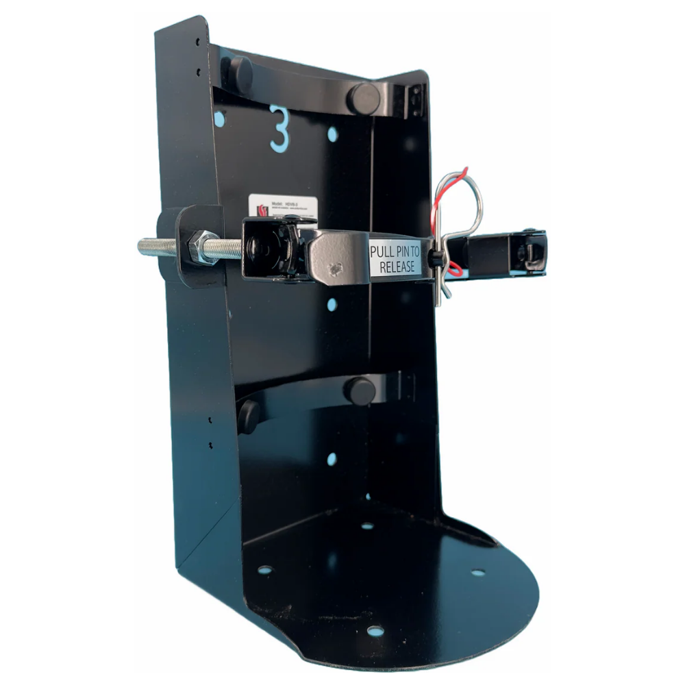 Left angle view of a black LEO heavy-duty 20-pound vehicle and wall mounting safety bracket.