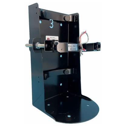 Left angle view of a black LEO heavy-duty 20-pound vehicle and wall mounting safety bracket.