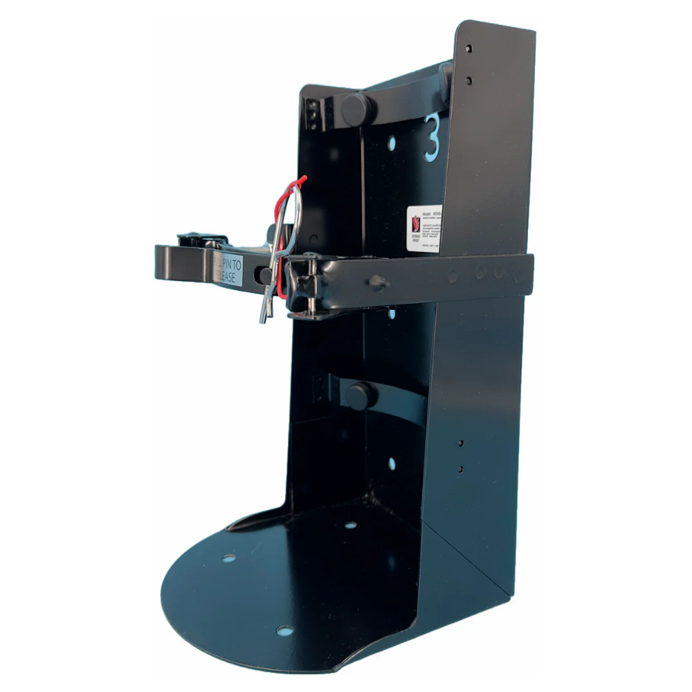 Left angle view of a black LEO heavy-duty 20-pound vehicle and wall mounting safety bracket.