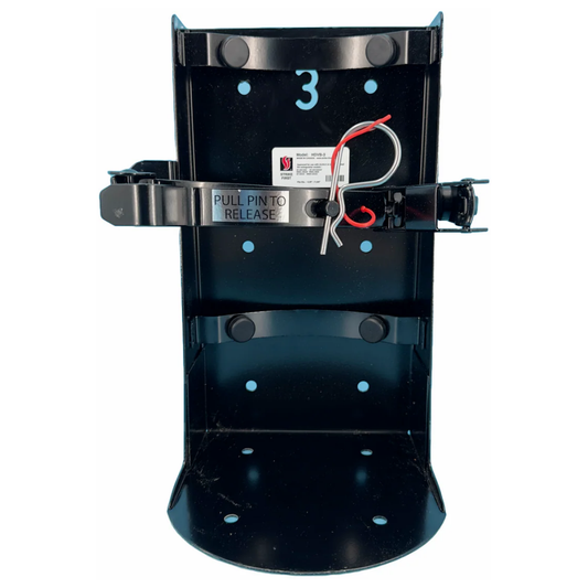 Front view of a black LEO 20lb heavy-duty fire extinguisher bracket with a quick-release pull pin.