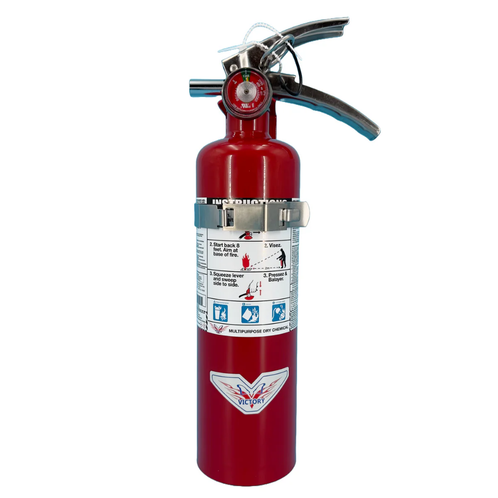LEO 2.5-pound ABC dry chemical fire extinguisher with attached metal vehicle mounting bracket