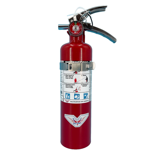 LEO 2.5-pound ABC dry chemical fire extinguisher with attached metal vehicle mounting bracket