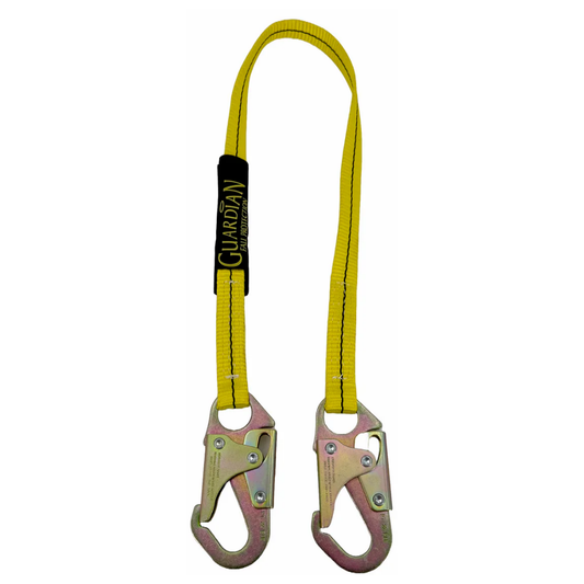 The LEO 3-foot fixed-length travel restraint safety lanyard featuring heavy-duty yellow synthetic webbing and pre-terminated steel snap hooks.