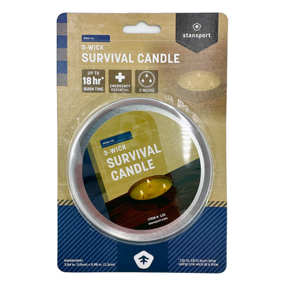 Front view of LEO 3-wick survival candle in a metal tin with an 18-hour burn time.