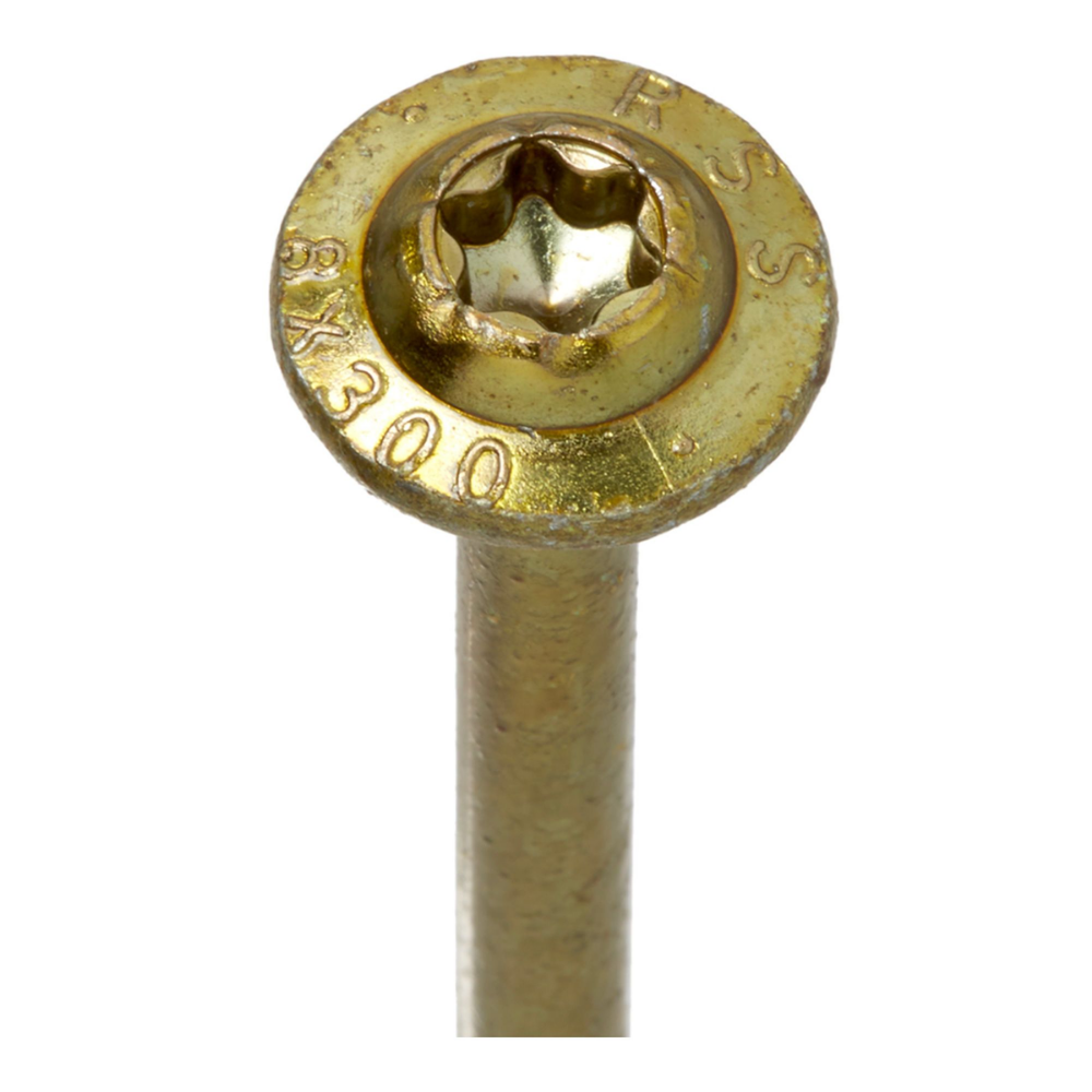 A long 3/8" x 20" RSS LTF Structural Screw with a built-in washer head and deep threads for heavy timber construction.