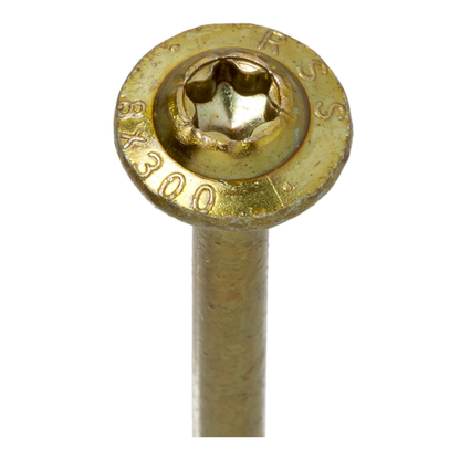 A long 3/8" x 20" RSS LTF Structural Screw with a built-in washer head and deep threads for heavy timber construction.
