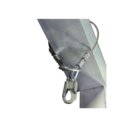 The LEO 4-foot personal fall protection cable choker anchor, fabricated from thick 5/16-inch vinyl-coated galvanized wire rope.Close-up view of the unequal-sized forged steel pass-through O-rings on the ends of the LEO cable choker anchor.