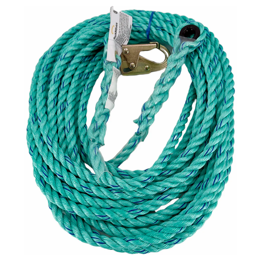 The LEO 5/8-inch PolyPlus synthetic fiber rope safety lifeline featuring a high-visibility twisted strand design and pre-terminated hardware ends.