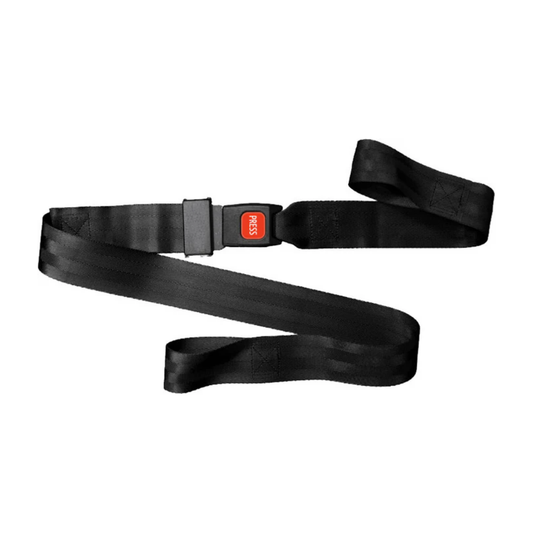 A 5-foot black LEO stretcher strap with a metal seat belt style quick-release buckle for spine boards and scoop stretchers.