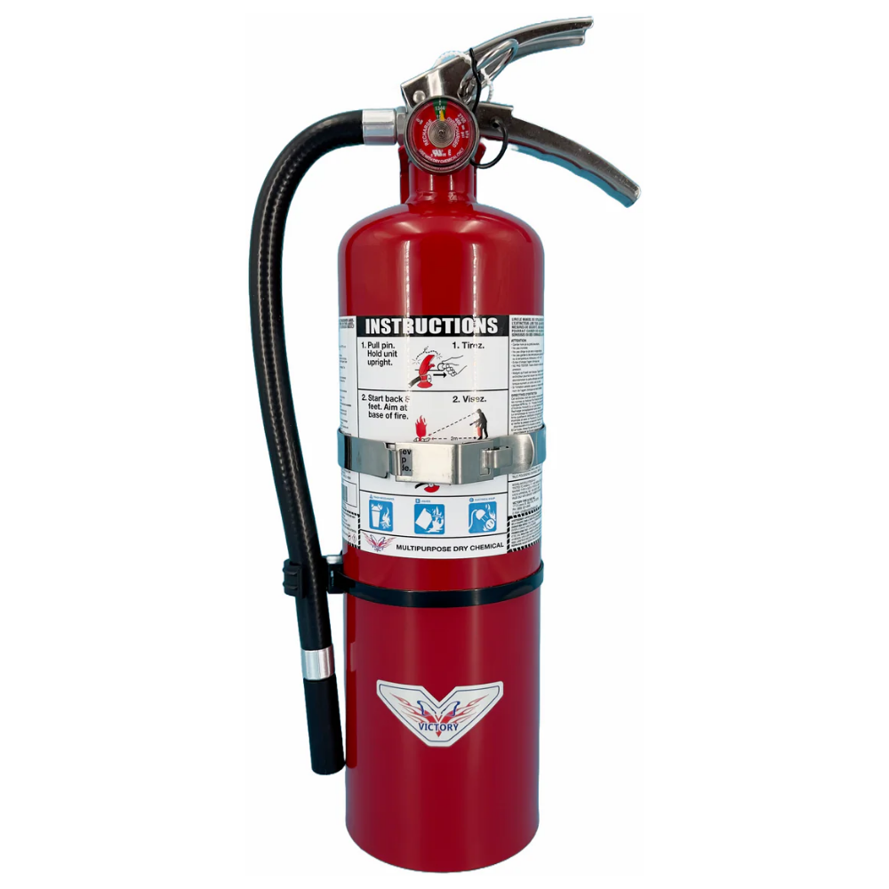 LEO 5-pound ABC dry chemical fire extinguisher with attached metal vehicle mounting bracket