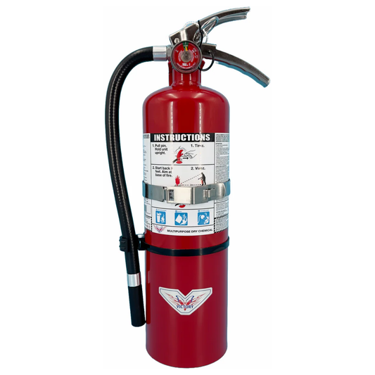 LEO 5-pound ABC dry chemical fire extinguisher with attached metal vehicle mounting bracket