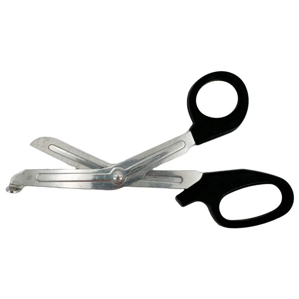 LEO 6-inch stainless steel universal bandage scissors with a contoured black plastic handle