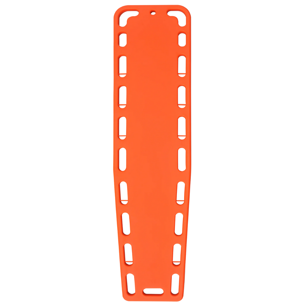 Top down full-length view of an orange LEO 72-inch plastic spine board featuring multiple handholds and pins.