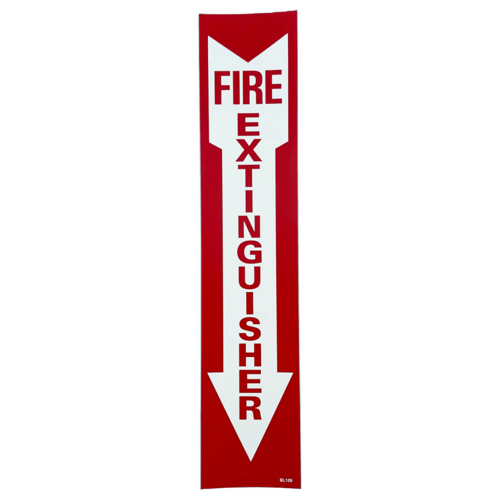 LEO 4x18 inch vertical adhesive fire extinguisher sign with white text and directional arrow on red background