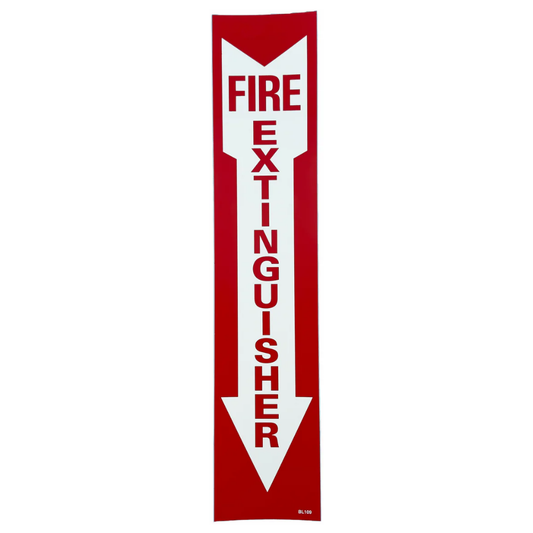 LEO 4x18 inch vertical adhesive fire extinguisher sign with white text and directional arrow on red background