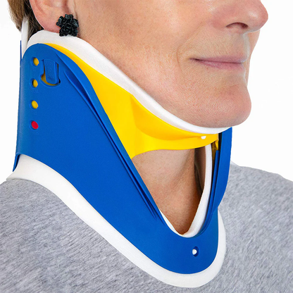 Front profile of the LEO adjustable cervical collar highlighting the oversized tracheotomy access opening.