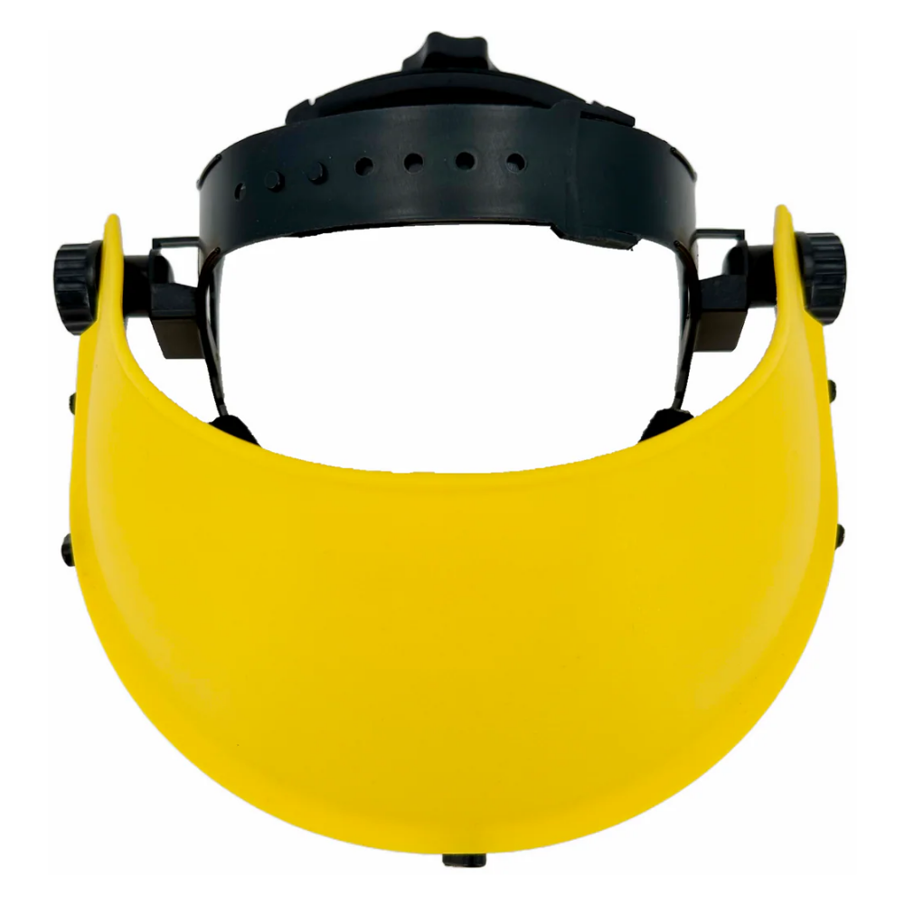 Three-quarter profile view of the LEO industrial yellow ratchet headgear showing the comfortable headband lining.