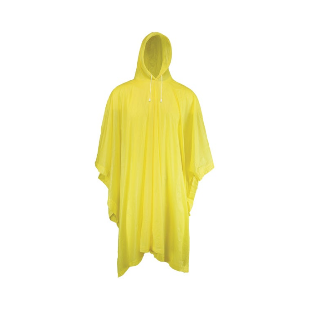 Yellow LEO adult size emergency rain poncho with hood and drawstring
