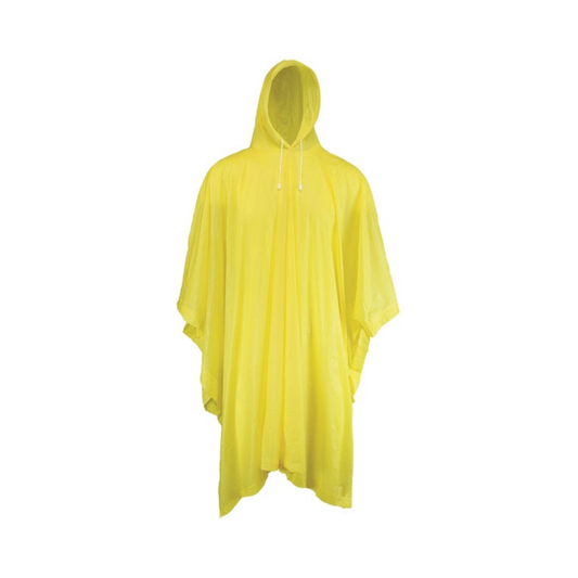 Yellow LEO adult size emergency rain poncho with hood and drawstring
