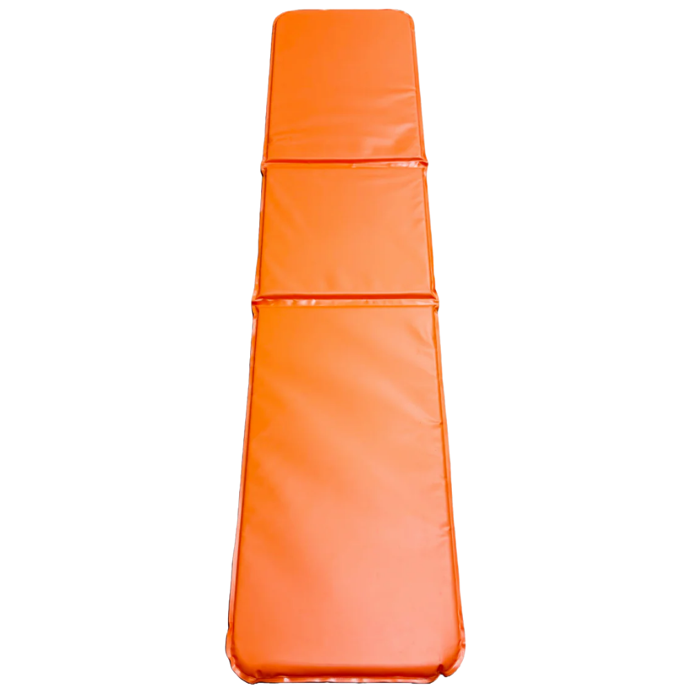 Black water-resistant LEO mattress pad cushion designed for emergency basket stretchers and spine boards.