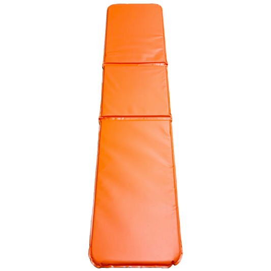 Black water-resistant LEO mattress pad cushion designed for emergency basket stretchers and spine boards.
