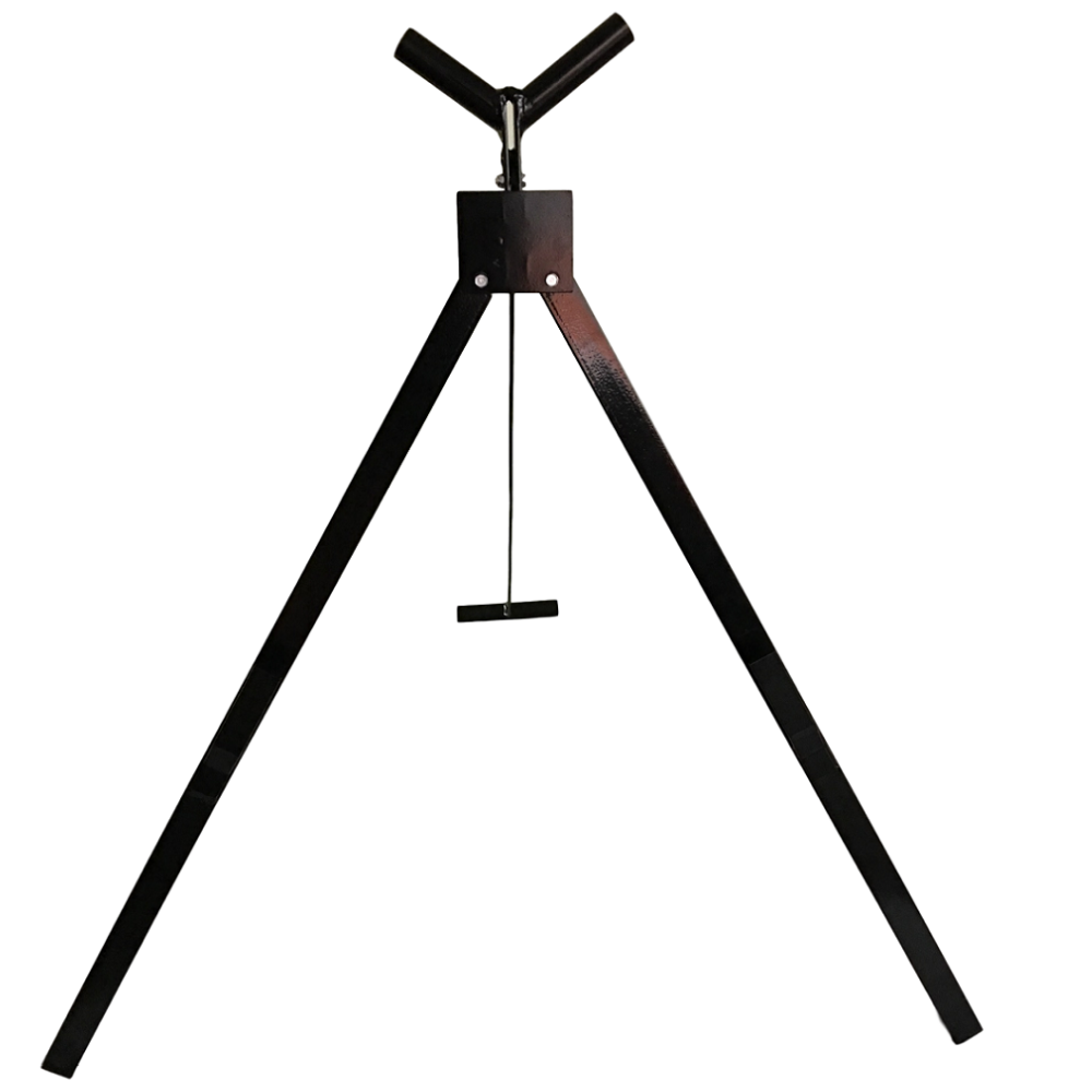 Front view of a LEO black steel folding tri-pod sign stand with a single-leg fold design for temporary road signage.