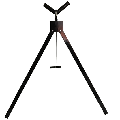 Front view of a LEO black steel folding tri-pod sign stand with a single-leg fold design for temporary road signage.