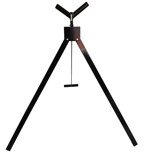 Front view of a LEO black steel folding tri-pod sign stand with a single-leg fold design for temporary road signage.