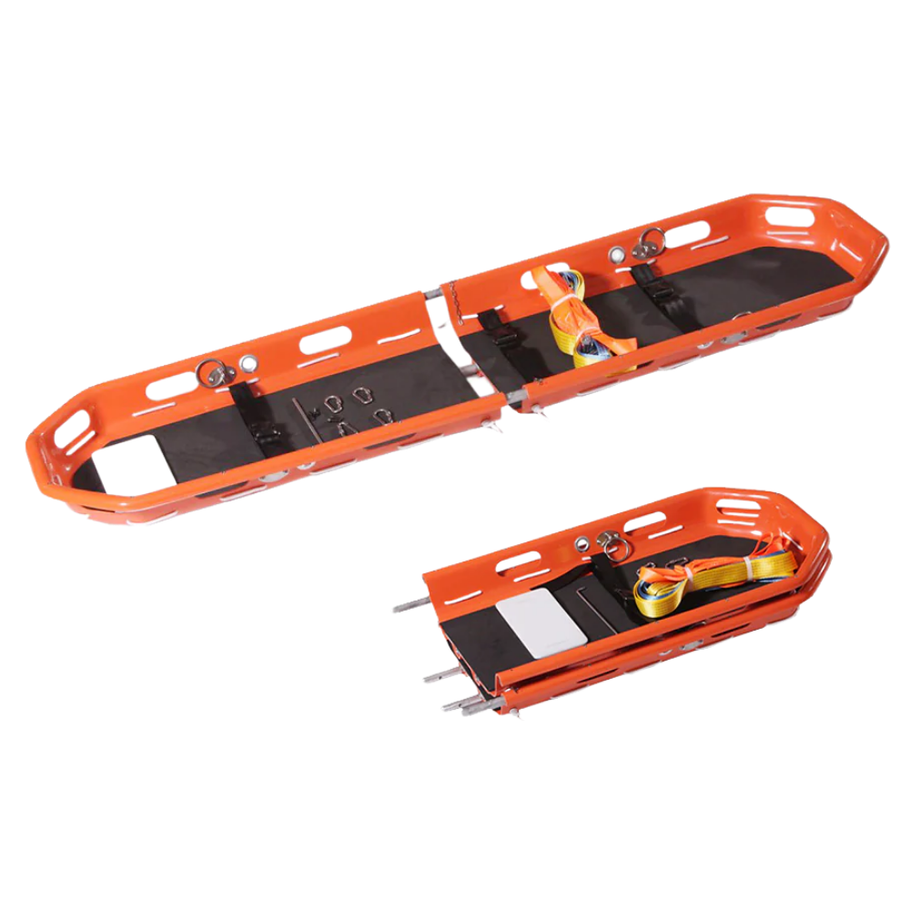 LEO orange plastic break-away basket stretcher uncoupled into two halves to demonstrate its compact split design.