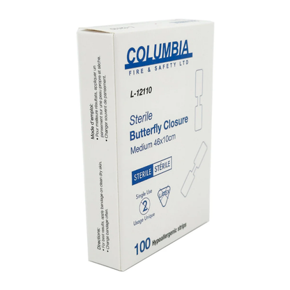 Back of LEO butterfly closures packaging showing directions for use and specifications
