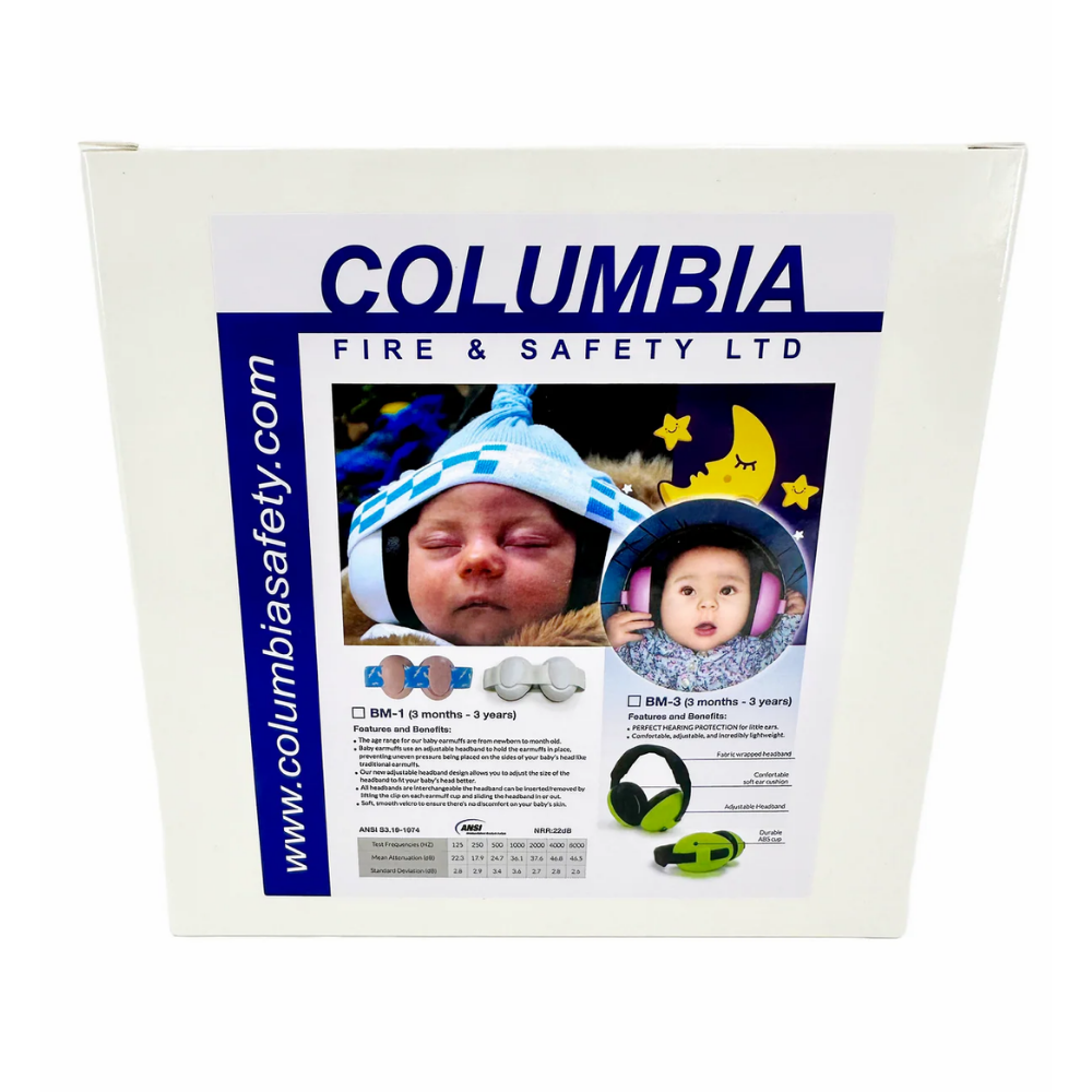 Front view of the blue retail display box for LEO C-CFS BM3 infant hearing protection ear muffs, highlighting the certified NRR 22 dB rating.