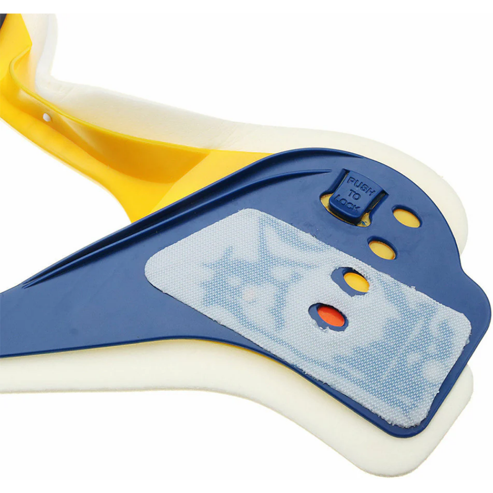Detailed view of the side sizing adjustment mechanisms and height locks on a LEO cervical collar.