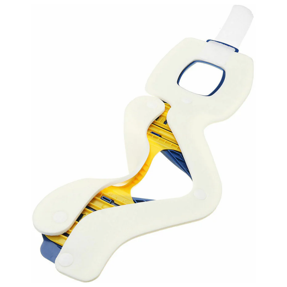 Close-up view of the white LEO cervical collar showcasing the integrated nasal cannula hook for oxygen lines.