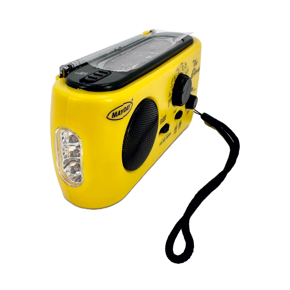 The LEO D-2466 "The Element" emergency device in high-visibility yellow, featuring an AM/FM radio dial and integrated LED flashlight lens.