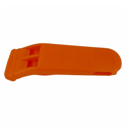 Front view of the LEO D-773 orange safety whistle, featuring a high-visibility pealess design and integrated lanyard attachment point.
