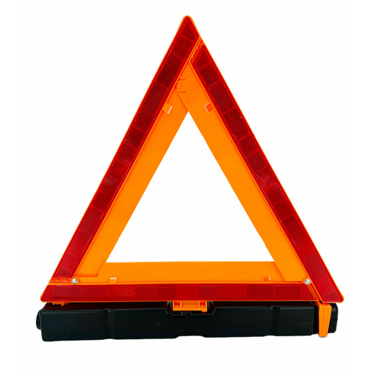 A LEO E-5004 emergency kit containing three collapsible reflective highway triangles and a durable red plastic storage case.