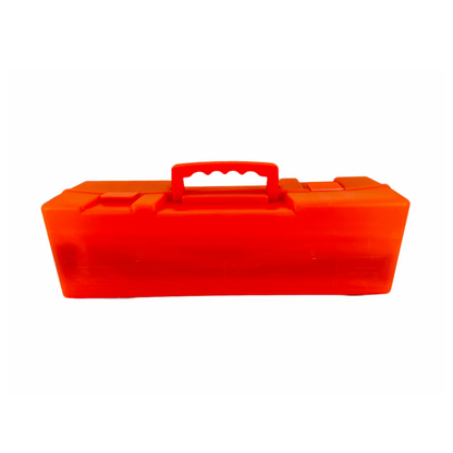 An isolated view of the rugged, blow-molded red carrying case used to securely store and protect the three highway safety triangles.