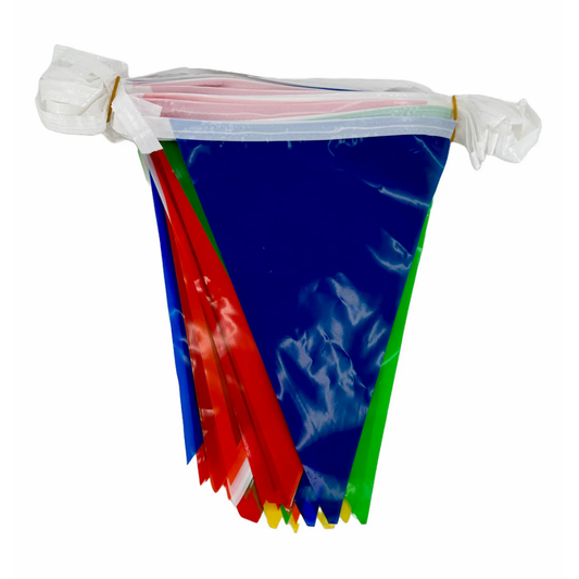A 60-foot string of LEO multi-color safety pennant flags featuring bright alternating colors for high-visibility site marking.